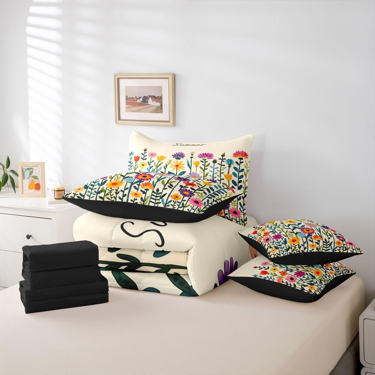Erosebridal Boho Floral Queen Bedding Set Multicolor Daisy Comforter Set with Flat and Fitted Sheet Watercolor Wildflower Summer 7-Piece Bed in a Bag Kids Girls Women Whimsical Garden Quilt Sets