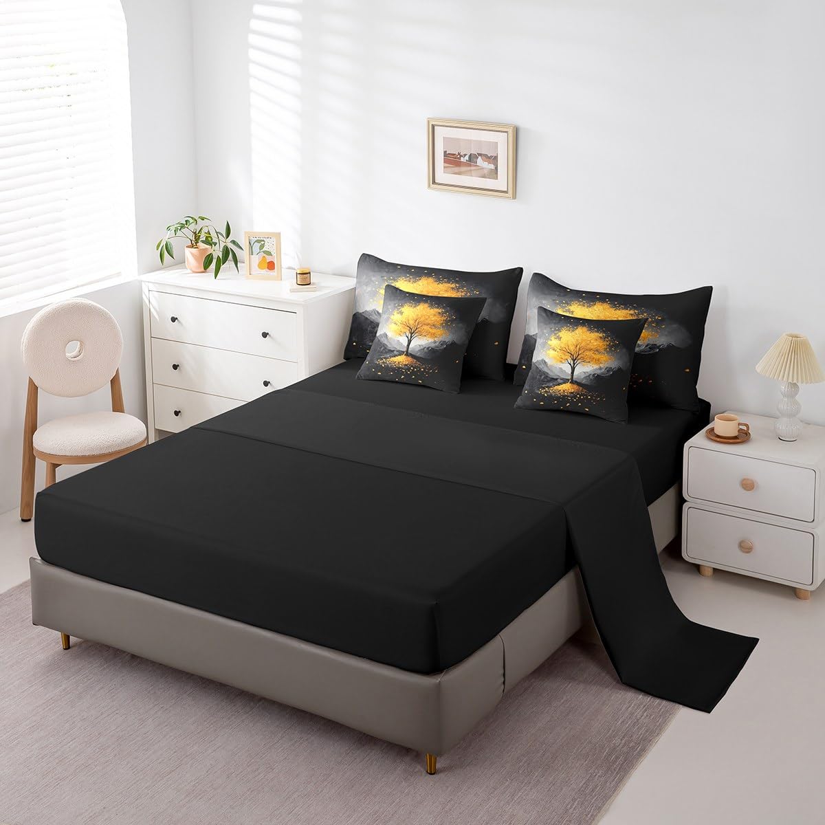 Gold Tree Branches Pattern 7 Pieces Bedding Set Twin Size Kids Leaf Branches Bed in a Bag with Comforter, Sheets, Pillowcases Smoky Mountain Bed Set Breathable Botanical Room Comforter Set with Sheets