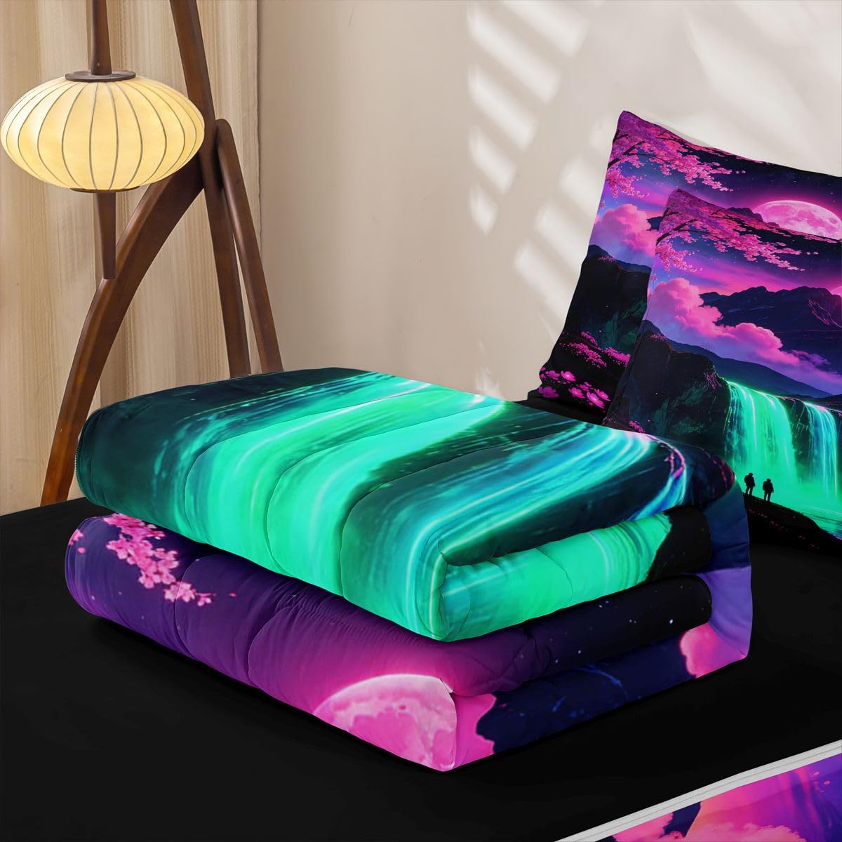 Feelyou Japanese Anime Zipper Bedding Sets for Kids Boys Girls Japan Full Comforter Set with Fitted Sheet Nature Landscape Bedroom Decor Microfiber with 2 Pillow Cases