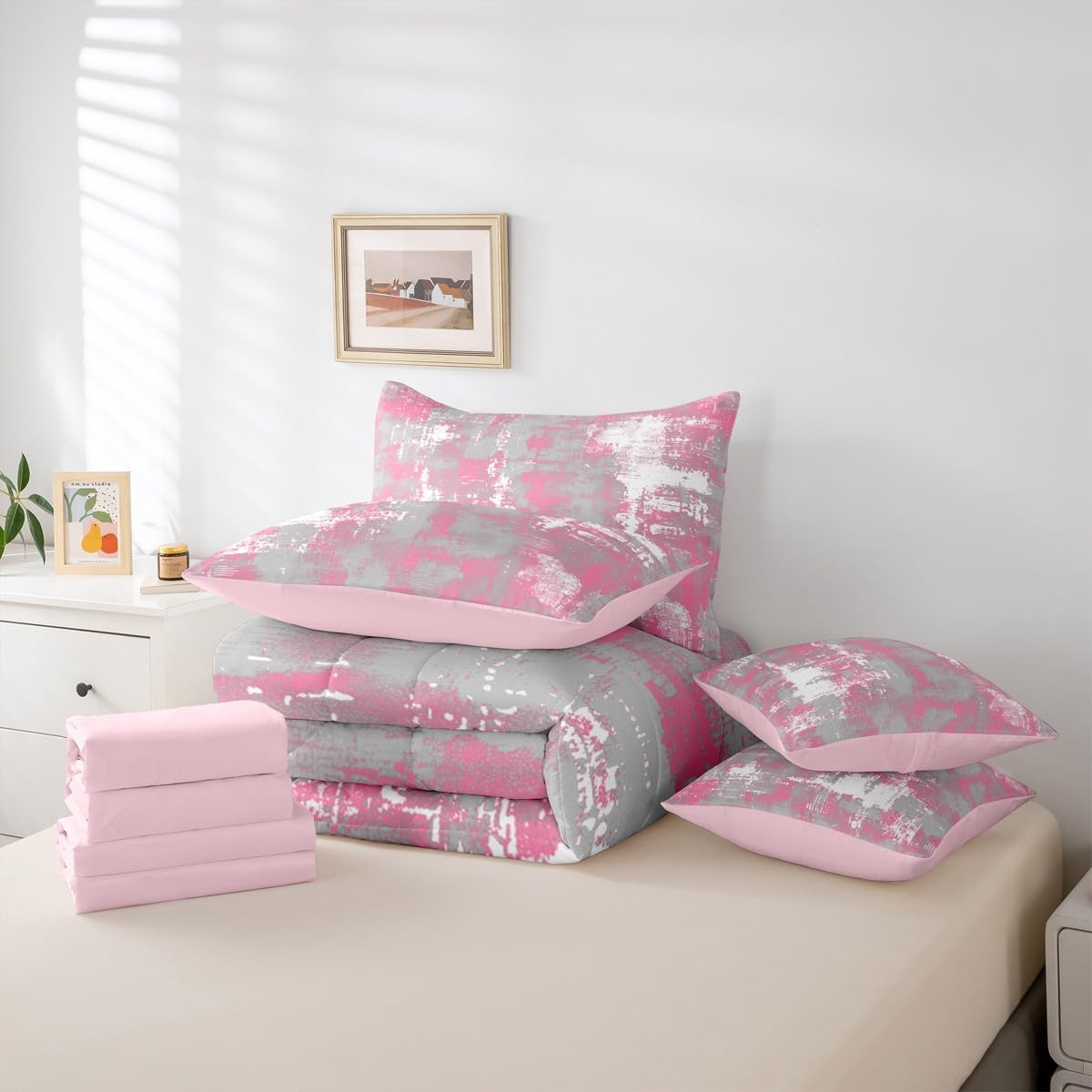 Feelyou Abstract Comforter Set Queen Size 7 Pieces Modern Abstract Art Bedding Set Pink White Bed in a Bag with Comforter, Sheets, Pillowcases, Cushion Covers Luxury Bedroom Decor Geometric