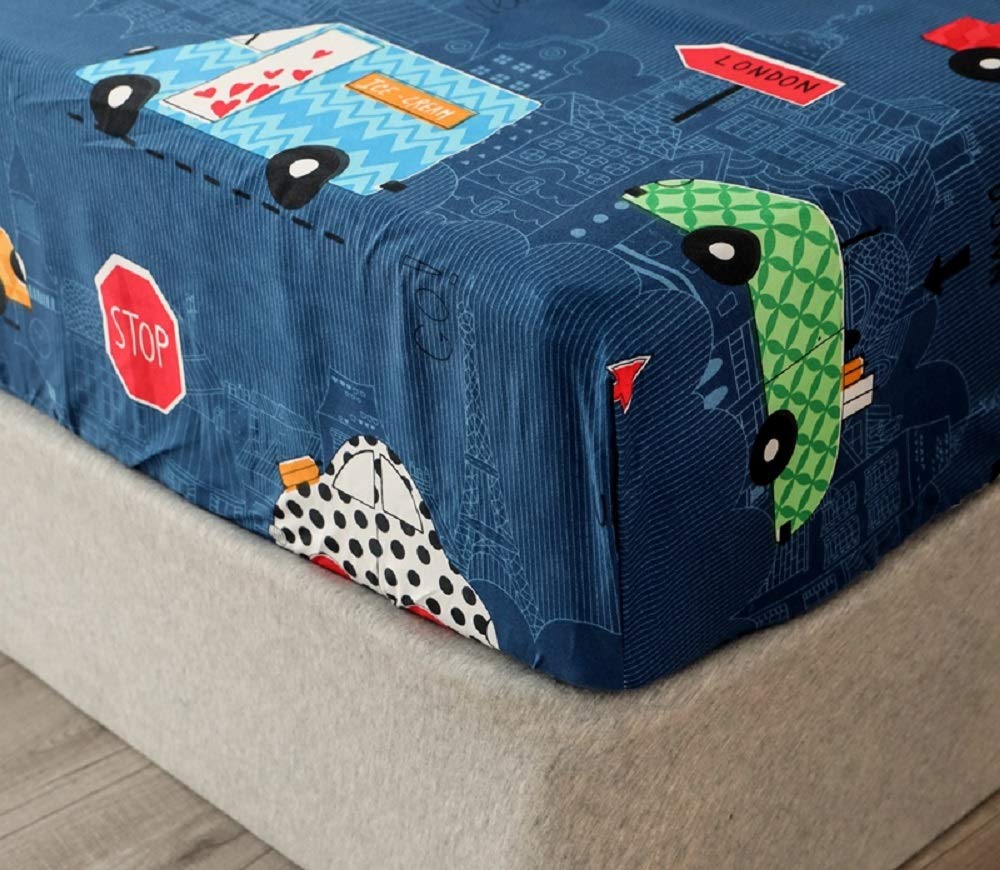 NATURETY Bedding Fitted Sheet with Deep Pocket,Thicken Printed Fabric Bed Sheets (Navy Blue(Cars), Queen)