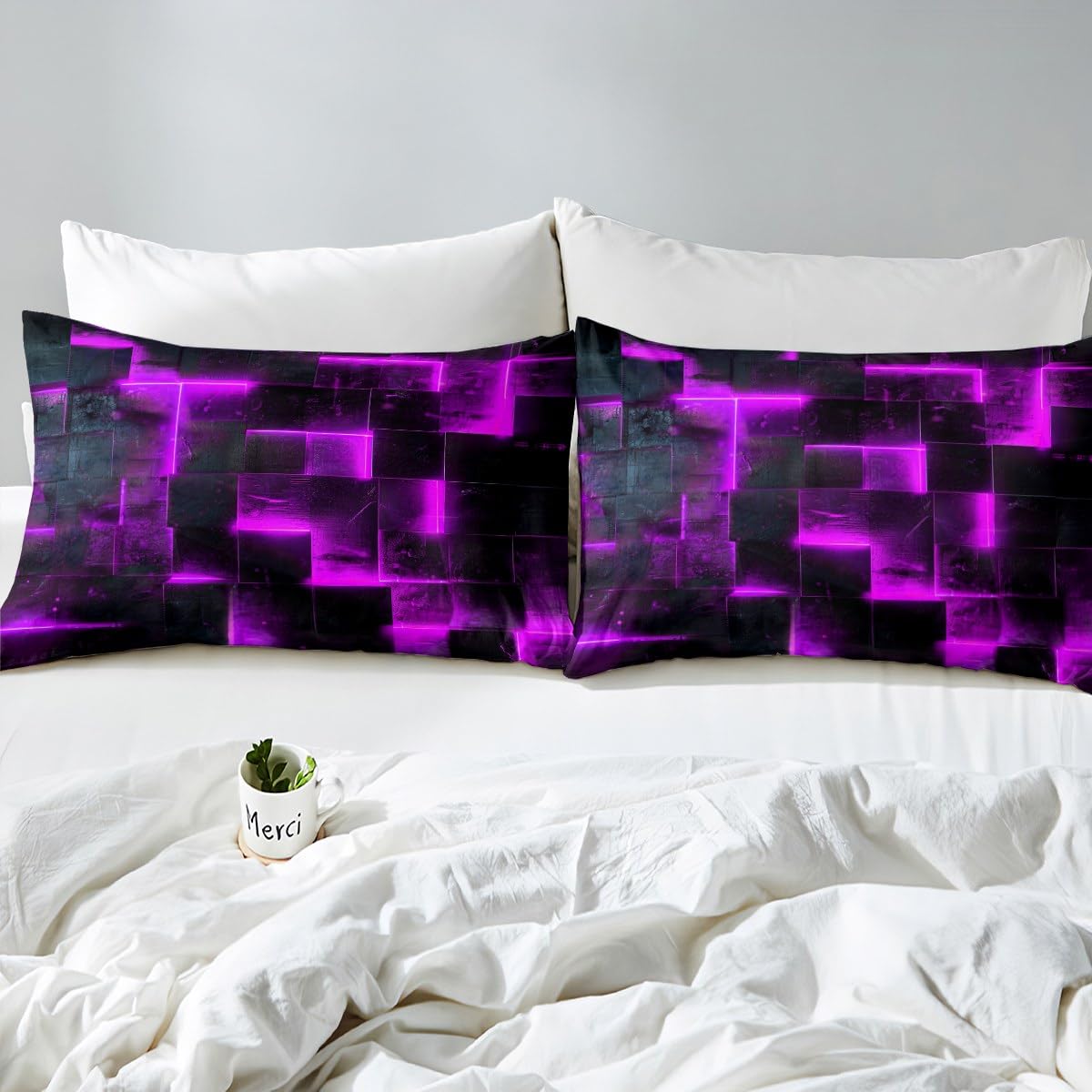 Erosebridal Black and Purple Duvet Cover Queen Modern Abstract Queen Bedding Set, 3D Glowing Plaid Comforter Cover Gradient Grid Bed Set, Neon Square Bedding 3pcs (Black Reversible)