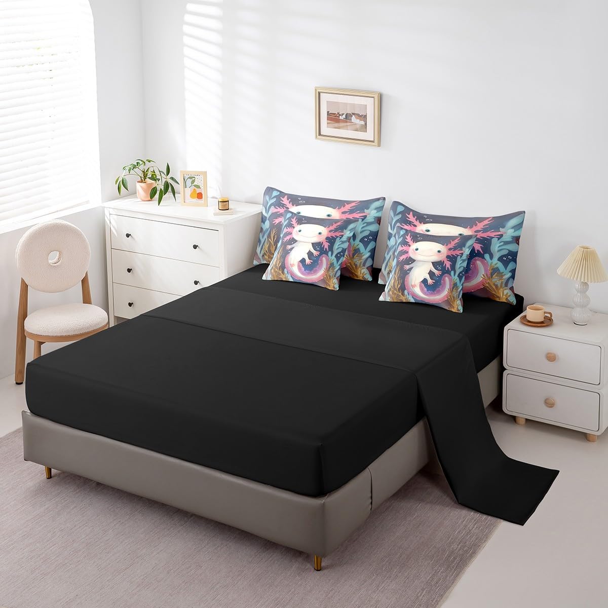 Erosebridal Cute Axolotl Kawaii Comforter Set 7 Piece Bed in a Bag Twin,Cartoon Walking Fish Bedding Sets Ocean Reptile Comforter and Sheet Set,Nautical Sea Animal Bed Set