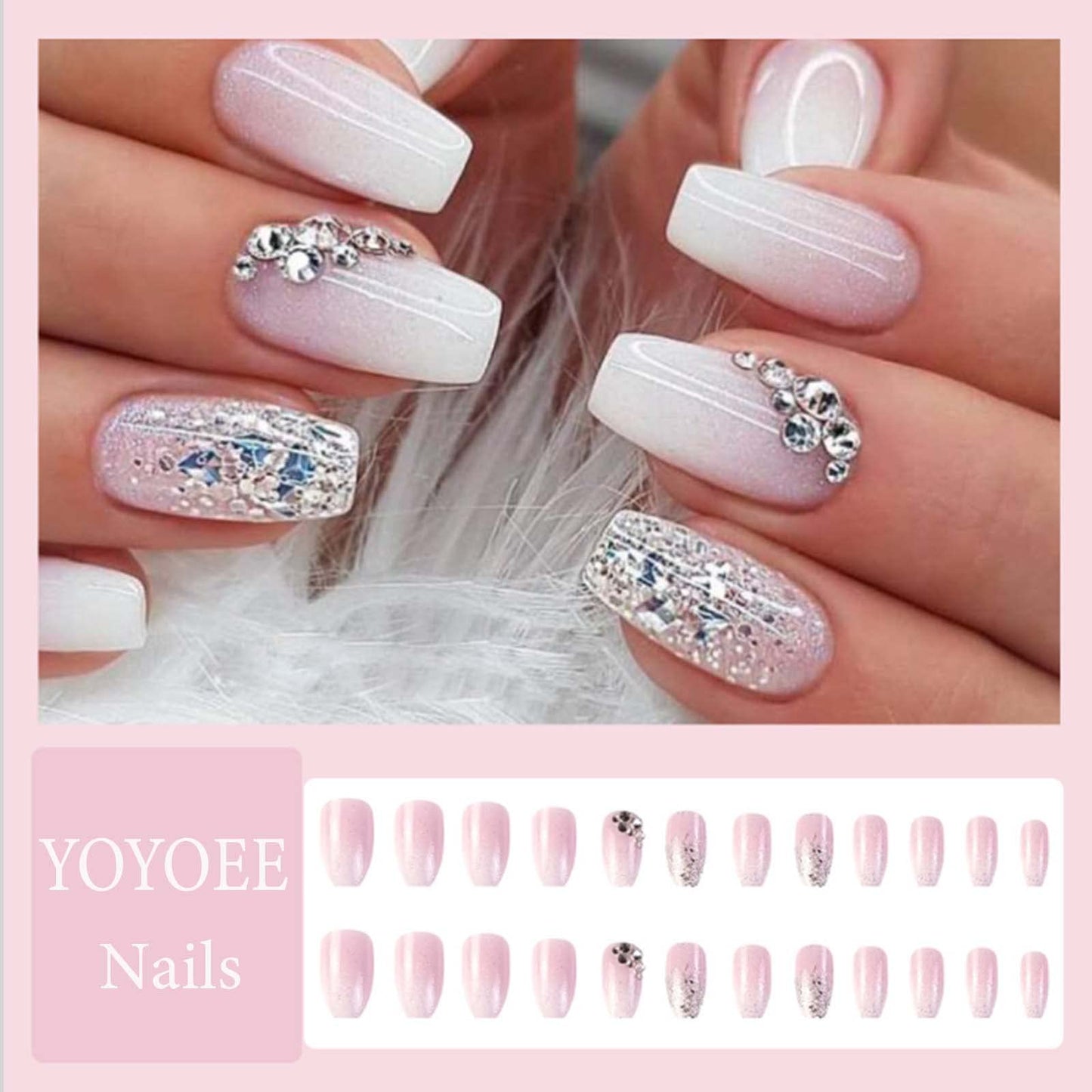 YoYoee Medium Coffin Press On Nails Crystal Gem Design Fake Nails Acrylic Gradient Bling False Nails Reusable Ballerina Stick On Nails for Women and Girls （24 PCS）