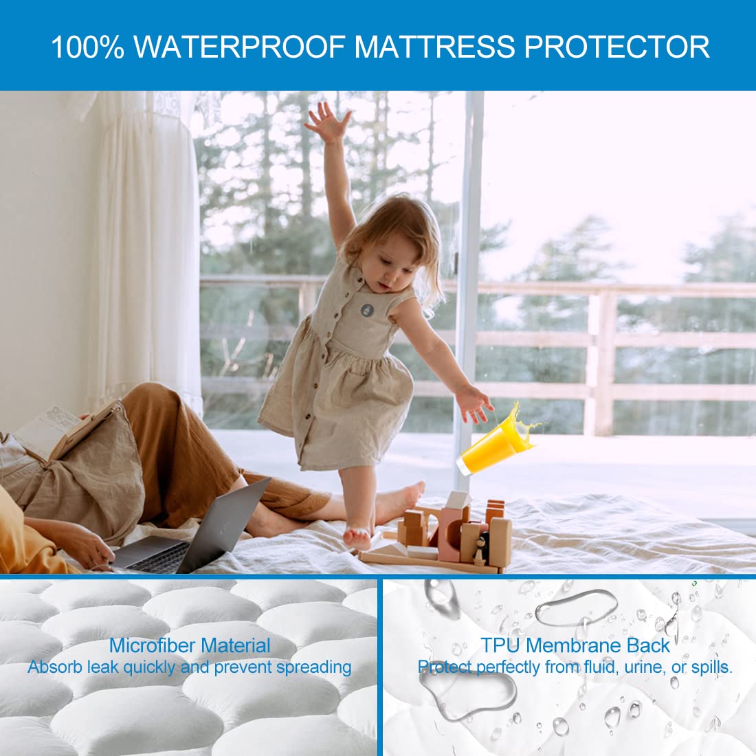 Queen Size Quilted Fitted Waterproof Mattress Pad, Premium Hollow Material Filling Mattress Protector, Breathable, Quiet, Cooling, Machine-Washable Mattress Cover with 21” Deep Pocket