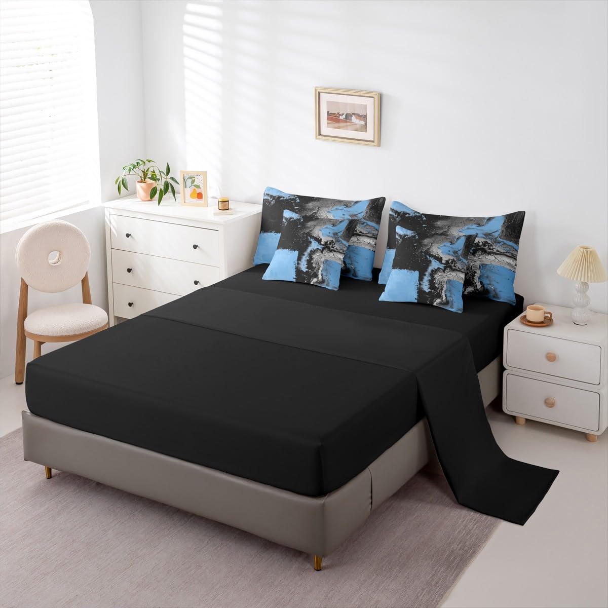 Feelyou Abstract Comforter Set King Size 7 Pieces Modern Abstract Art Bedding Set Luxury Bed in a Bag with Comforter, Sheets, Pillowcases, Cushion Covers Geometric Bedroom Decor Vivid Blue Black