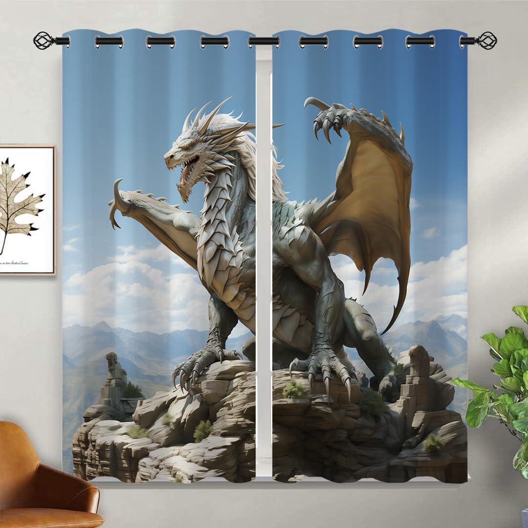 ONINUO Flying Dragon Blackout Curtains for Girls Boy Home Decor, Fantasy Magic Animals Game Grommet Thermal Insulated Drapes Darkening Window Curtain for Bedroom Living Room, 42 x 45 Inch