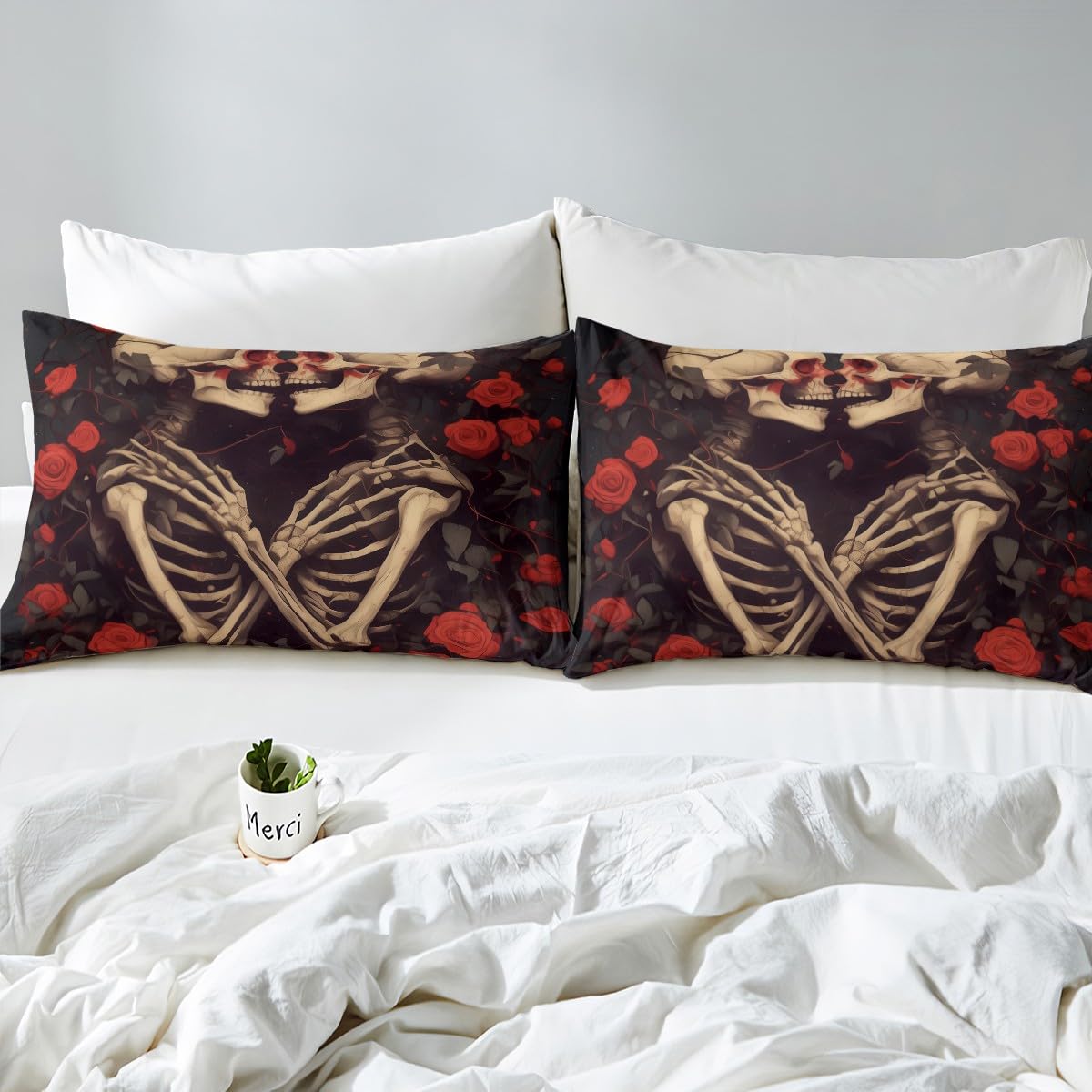Erosebridal Sugar Skull Down Comforter Queen Size, Gothic Skeleton Bones Comforter Set, Halloween Horror Bedding Set, Rose Flower Quilt for Teens Youth Adult Women Men Room
