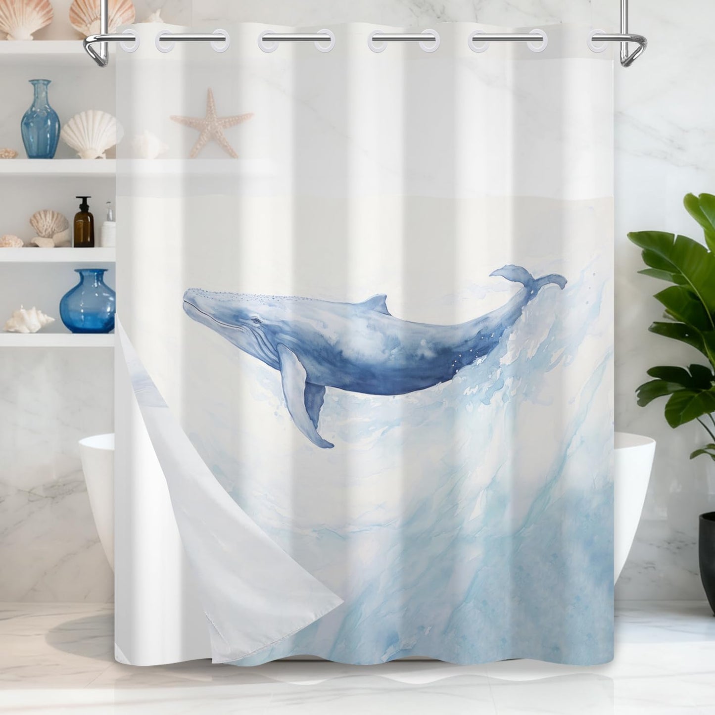 Sea Whale Shower Curtain with Snap in Liner, Blue Ocean Marine Life Coastal Design Bathroom Curtains, Double Layers No Hook Shower Curtain with Weighted Hem, Washable Waterproof Fabric, 71x74 Inch