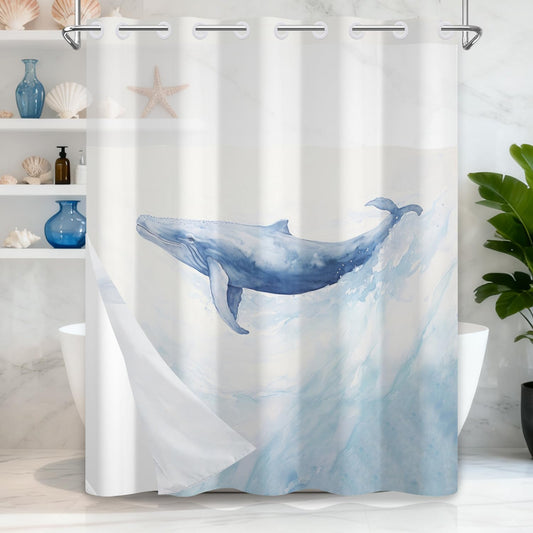 Sea Whale Shower Curtain with Snap in Liner, Blue Ocean Marine Life Coastal Design Bathroom Curtains, Double Layers No Hook Shower Curtain with Weighted Hem, Washable Waterproof Fabric, 71x74 Inch