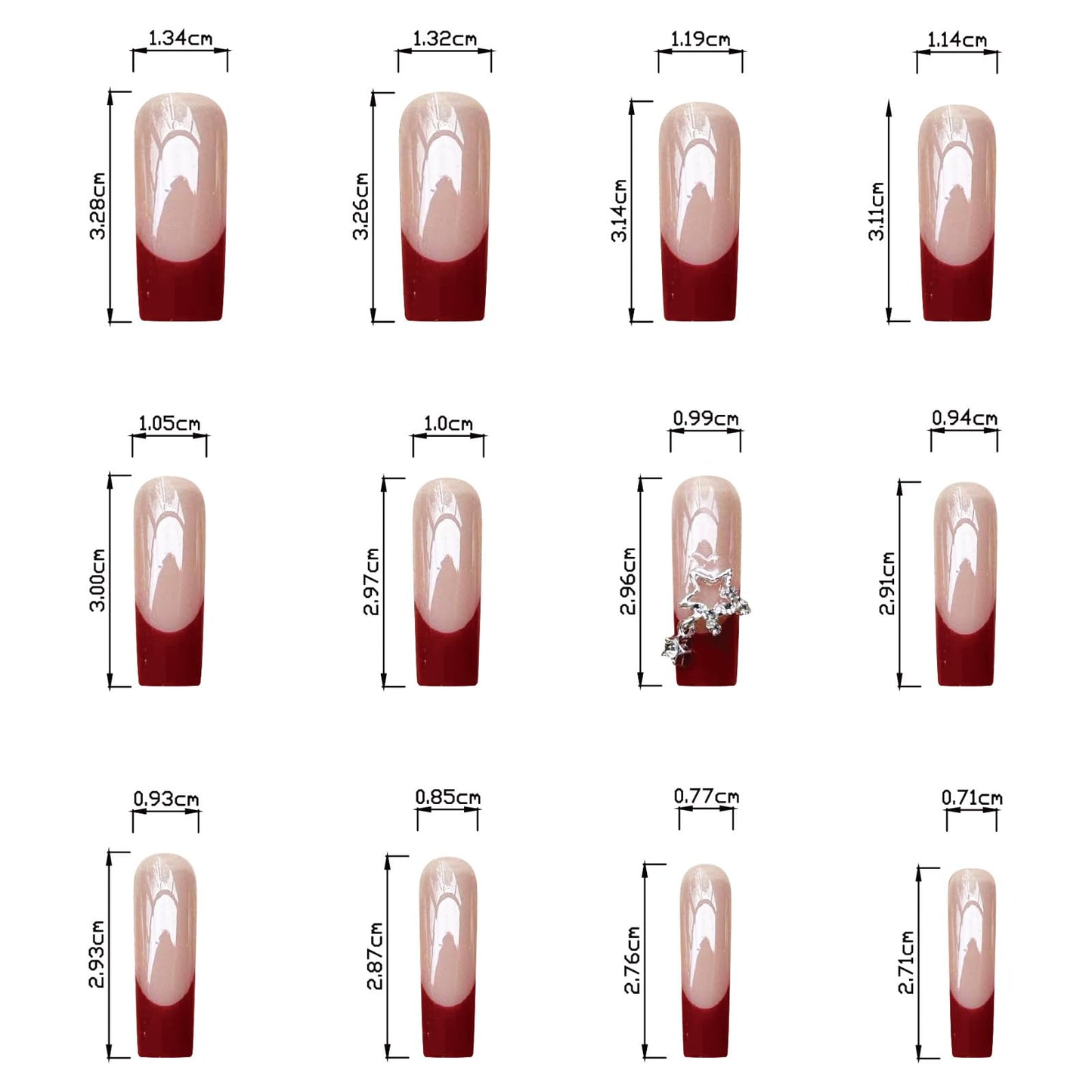 BABALAL Long Square Press on Nails Red French Tip Fake Nails 3d Star Nail Charm Acrylic Nails 24pcs Squoval Artificial False Nail for Women and Girls