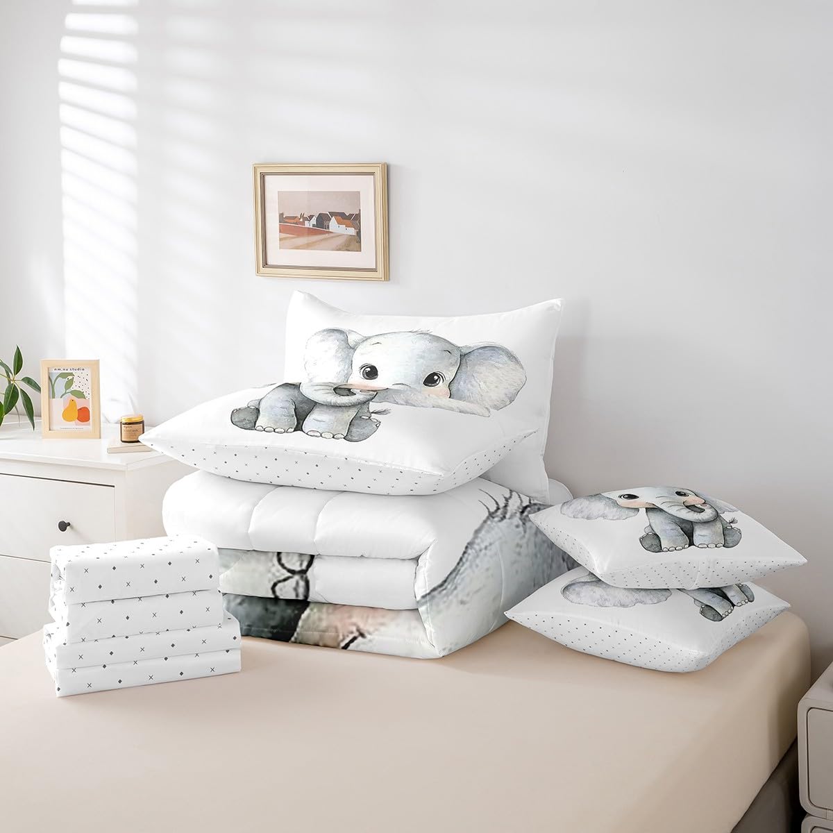 Erosebridal Kawaii Elephant Twin Size Comforter Set with Sheets Kids | African Jungle Animal 7-Piece Bedding Set Tropical Forest Wildlife Pattern Bed in a Bag Cartoon Wild Safari Animal Bed Quilt Sets