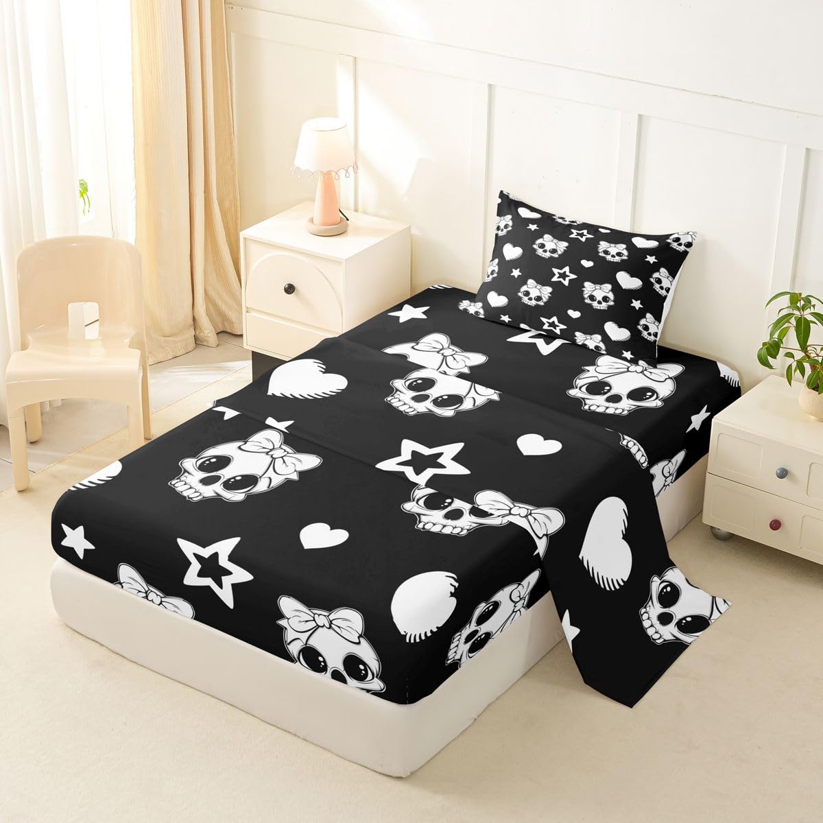 Castle Fairy Cute Skull Bed Sheets Twin Size,Star Love Bowknot Pattern Easy Wash Bedding Set,Cartoon Halloween Skeleton Kids Room Decor,Black and White Sheet(Fitted+Flat+1 Pillowcase)