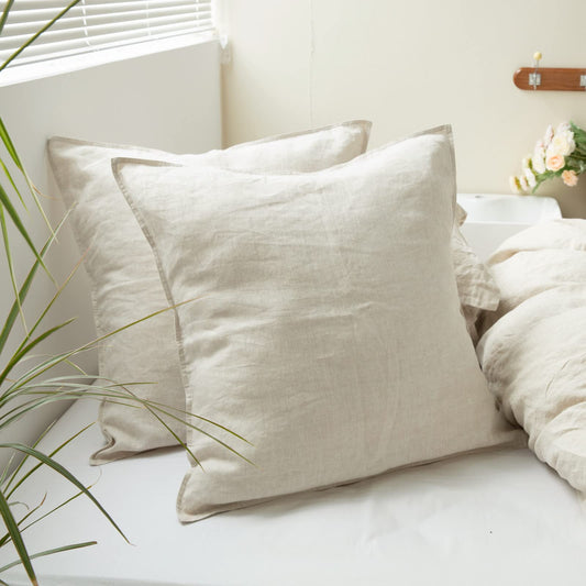 Simple&Opulence 100% Washed Linen Euro Shams 26'' x 26'' Pack of 2, Basic Style Solid Color Natural Flax Farmhouse Decorative Square Throw Pillow Covers for Bed Couch Sofa - Linen