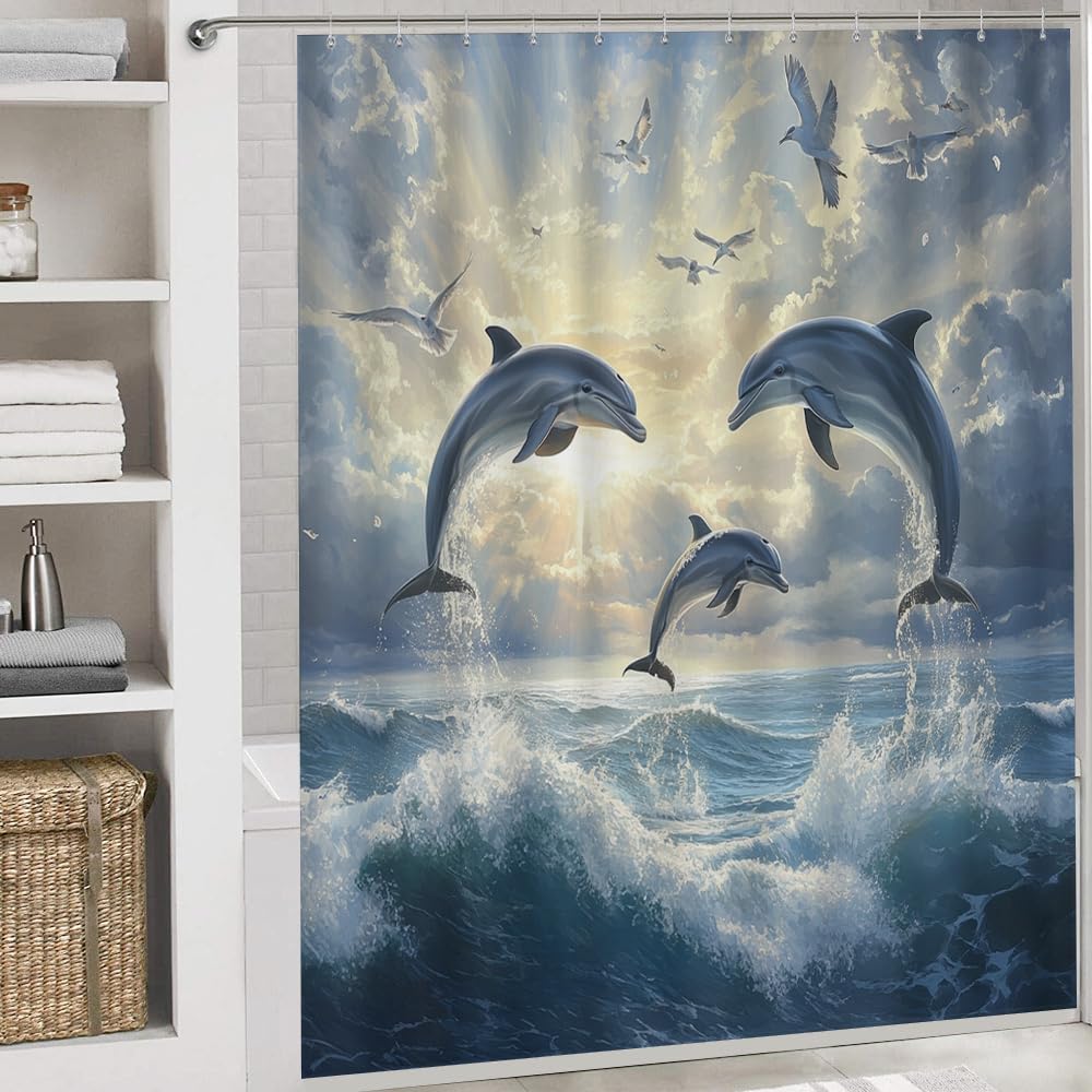 SOPIYRIO Modern Dolphin Waterproof Shower Curtain Set (72x72 Inch) with Non-Slip Bath Rugs, 4 Piece Beautiful Ocean Bird Nature Sunset Bathroom Set Includes U-Shaped Mat & Toilet Seat Cover