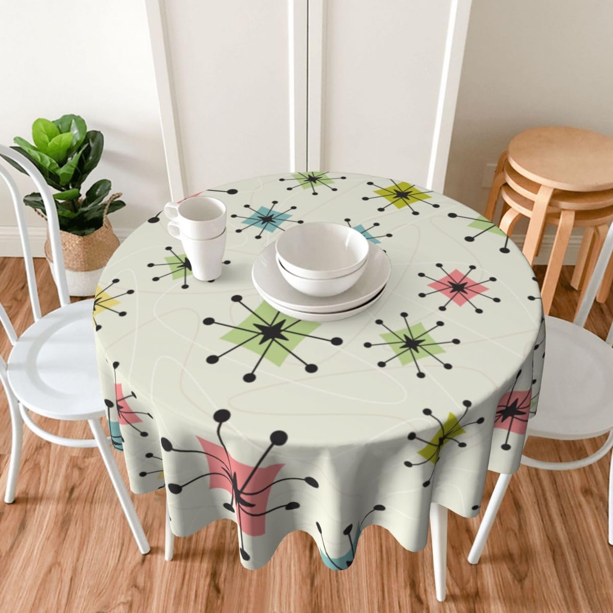 bassyil Retro Mid Century Tablecloth Round Table Cover Washable for Home Kitchen Dining Party 60 X 60 Inches