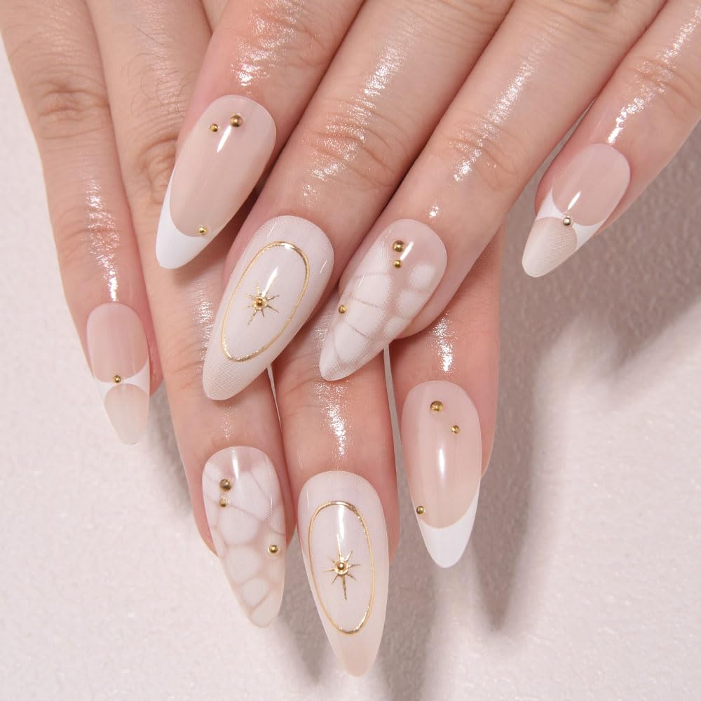 evpct 3D French Press on Nails Medium Almond No Glue with Bohemian Stars Design, White Tip Glossy Stick on Nails for Women with Kit, Reusable Soft Stick on Fake Nail with French Design Perfectly Fit