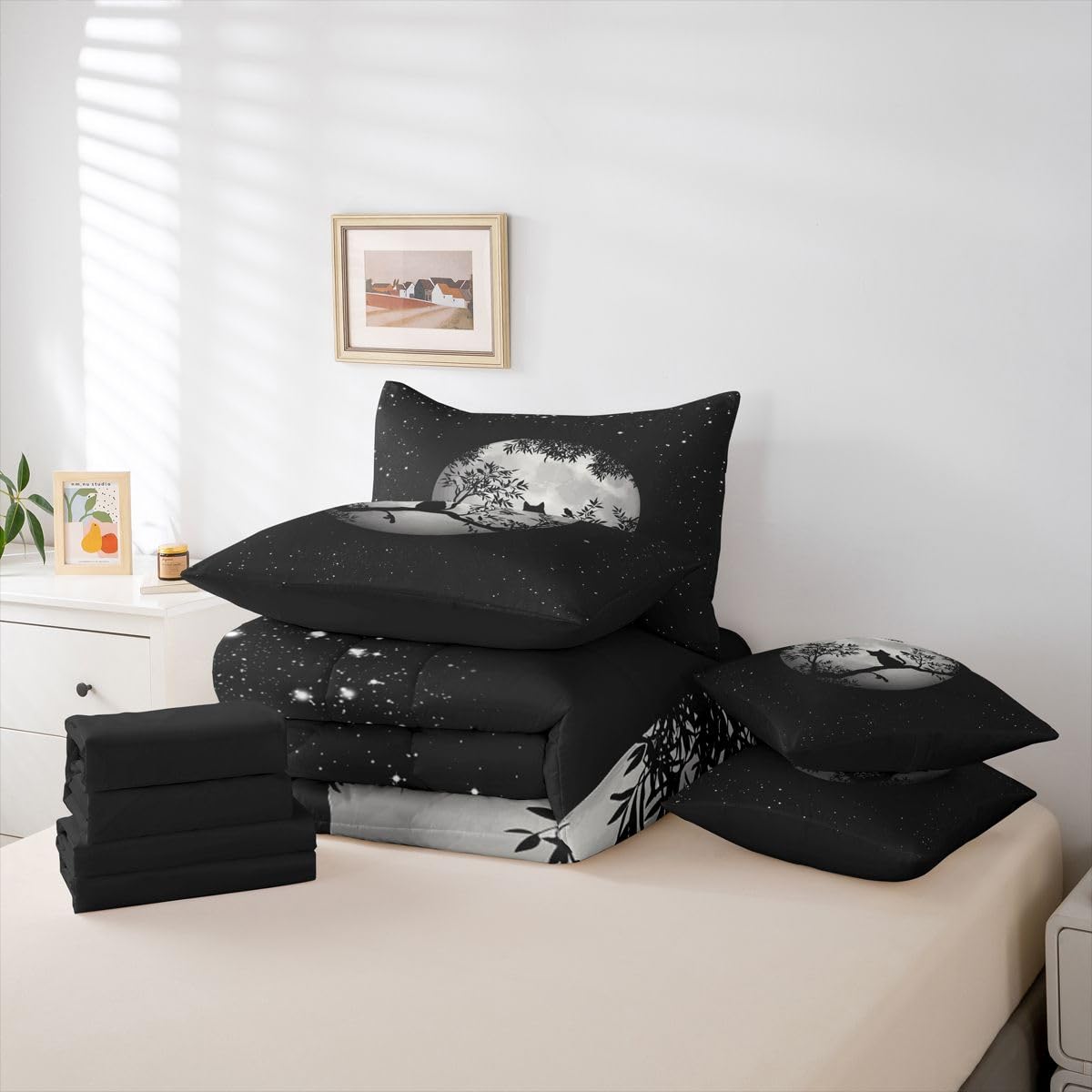 Erosebridal Moon Cat 7-Piece Bedding Set Full Size for Kids Teens Adults | Gothic Black Cat Bed in a Bag Black White Stars Starry Sky Comforter Set with Sheets Leaves Botanical Branches Duvet Insert