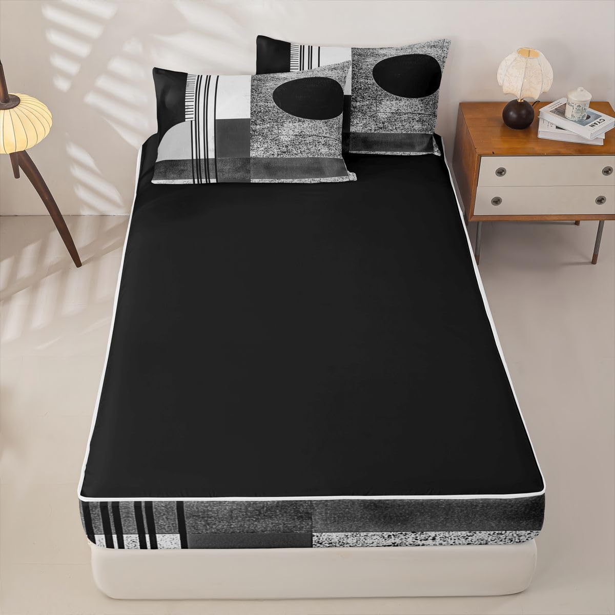 jejeloiu Modern Art Print Full Zipper Bedding Set Retro Kids Comforter Set with Fitted Sheet and 2 Pillowcases Abstract Geometric Bed in a Bag Zip Up Bedding Soft Microfiber