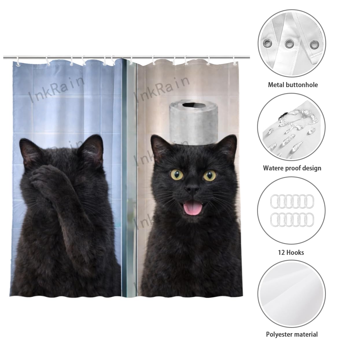 InkRain Black Cat Shower Curtain 72x72 Inch, Funny Animal Toilet Humor Bathroom Decor, Cute Black Cat Bath Curtain, Humor Bathroom Decor with 12 Hooks
