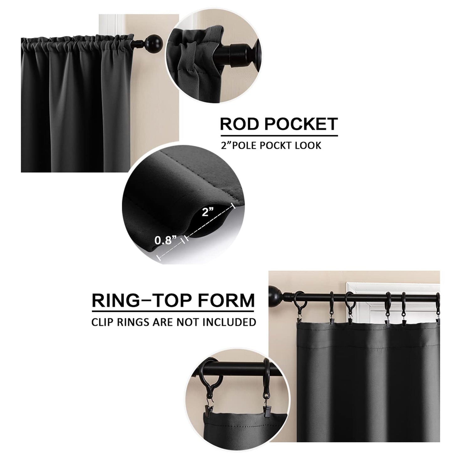 XTMYI Waterproof Fabric 30 Inch Curtains for Bathroom Kitchen Window,Mini Shower Small Short Blackout Tier Curtain Panels,Set of 2,60 Inch Wide,Black