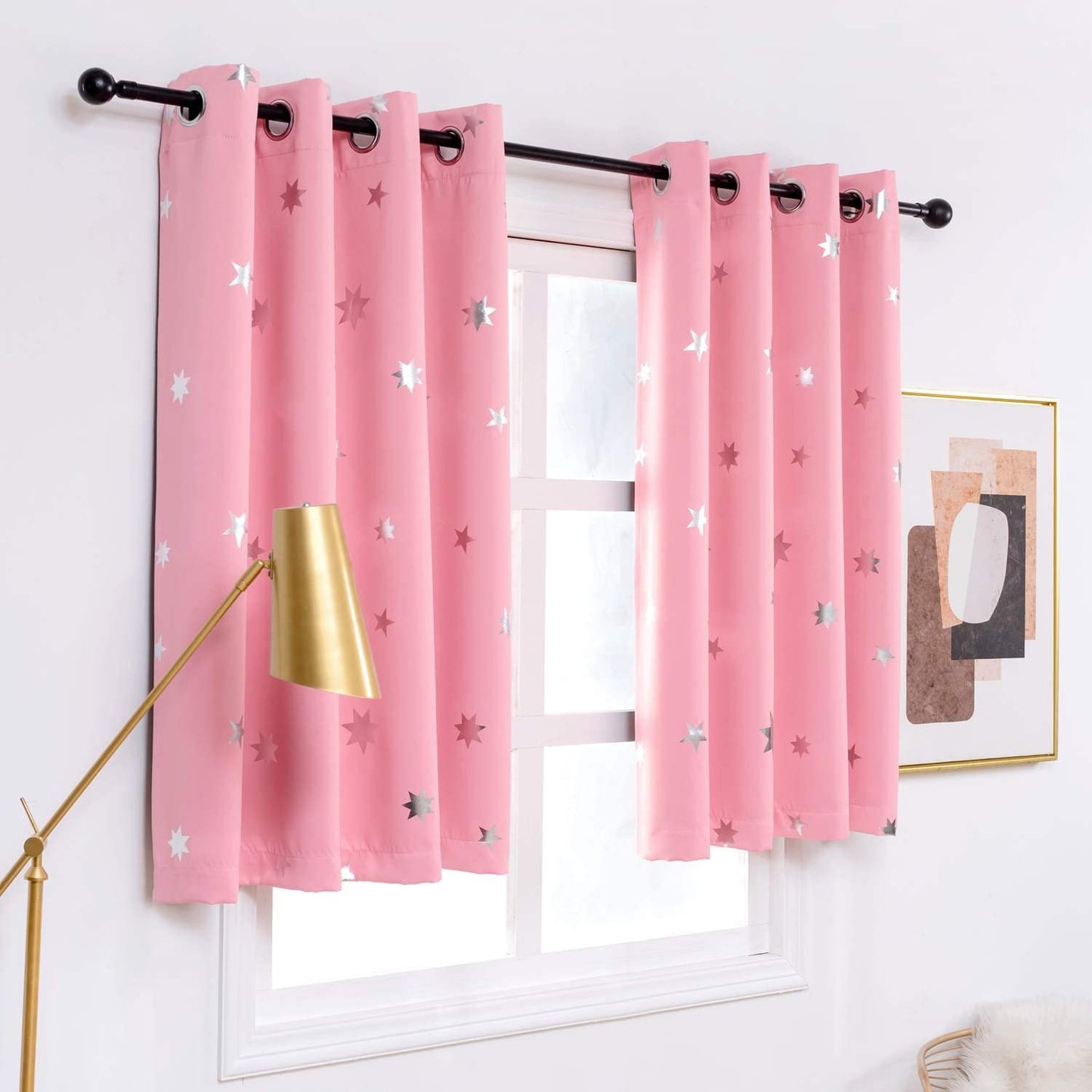 Anjee Pink Blackout Curtains for Girls Bedroom 54 Inches Length Stars Window Drapes Silver Foil Printed Room Darkening Panels Grommet Thermal Insulated Drapery Nursery Decor, Baby Pink 38x54 Inches