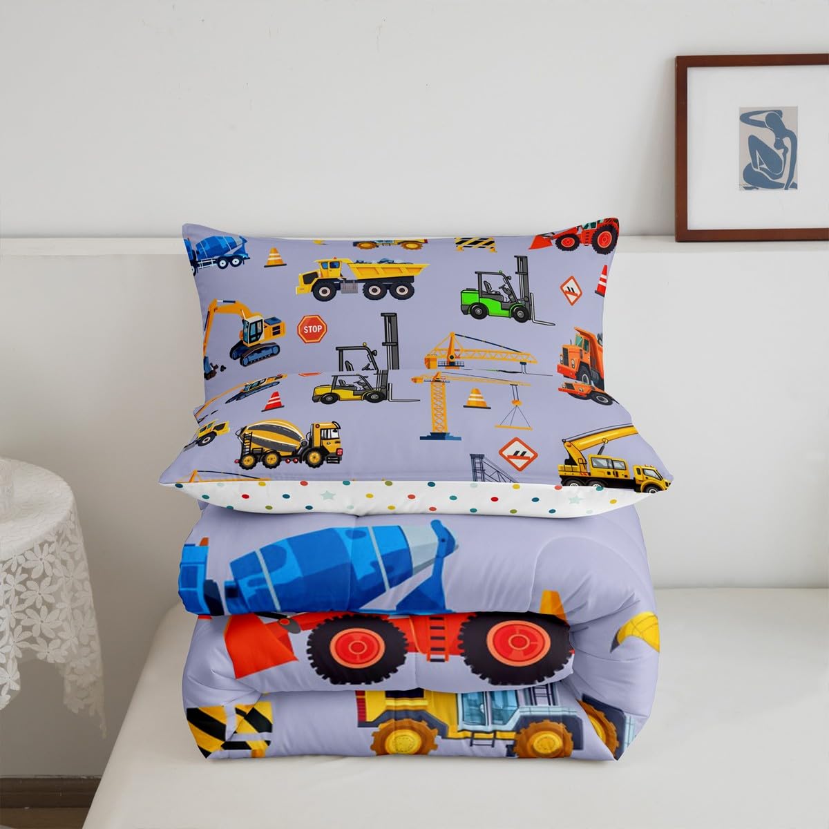 jejeloiu Excavator Comforter Set All Season Cartoon Car Bedding Set with 1 Pillow Cases Equipment Trucks Microfiber Kids Twin Bedclothes Construction Bedroom Decor Duvet Quilt Breathable Soft