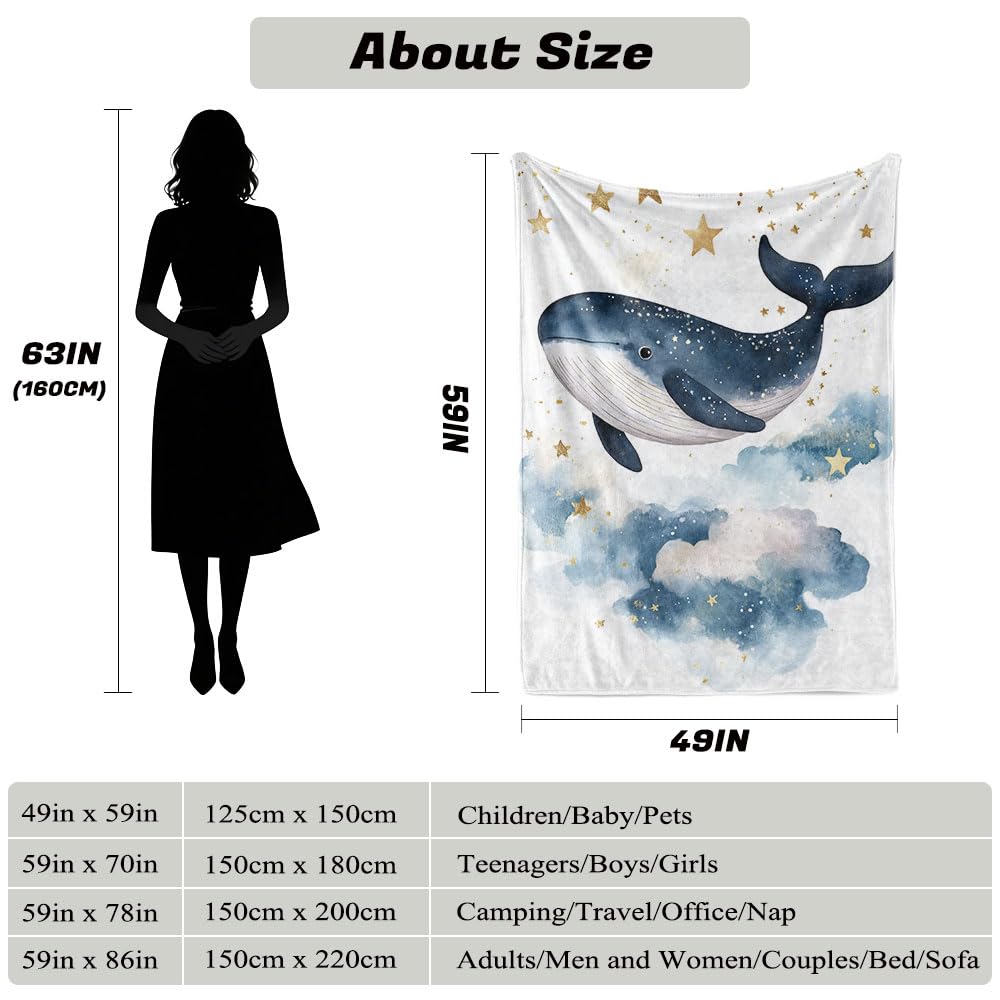 HUNXIAOJ Whale Throw Blanket Ocean Animal Blanket Whale Gift for Kids Warm Soft Flannel for Girls Boys Woman Teens Adults Bed Sofa Couch (49in x 59in)