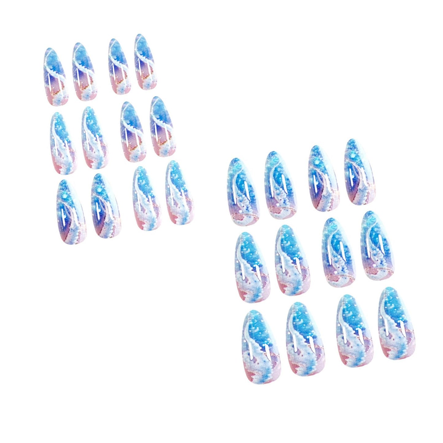IMSOHOT Blue Press on Nails Almond Medium Fake Nails Glossy False Nails Full Cover Summer Acrylic Glue on Nails for Women DIY Manicure Decoration 24Pcs