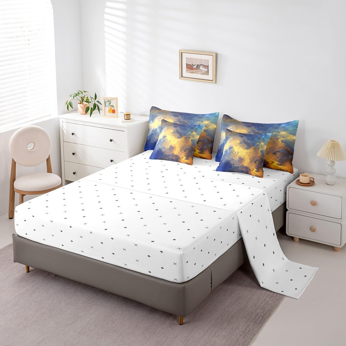 Erosebridal Beauty Weather Nature Comforter Set Full Size,Oil Painting Clouds Bedding Set for Kids Teens,Sunscape (Comforter+Fitted+Flat Sheet+2 Pillowcases+2 Throw Pillow Covers) 7 Pieces Bed Set