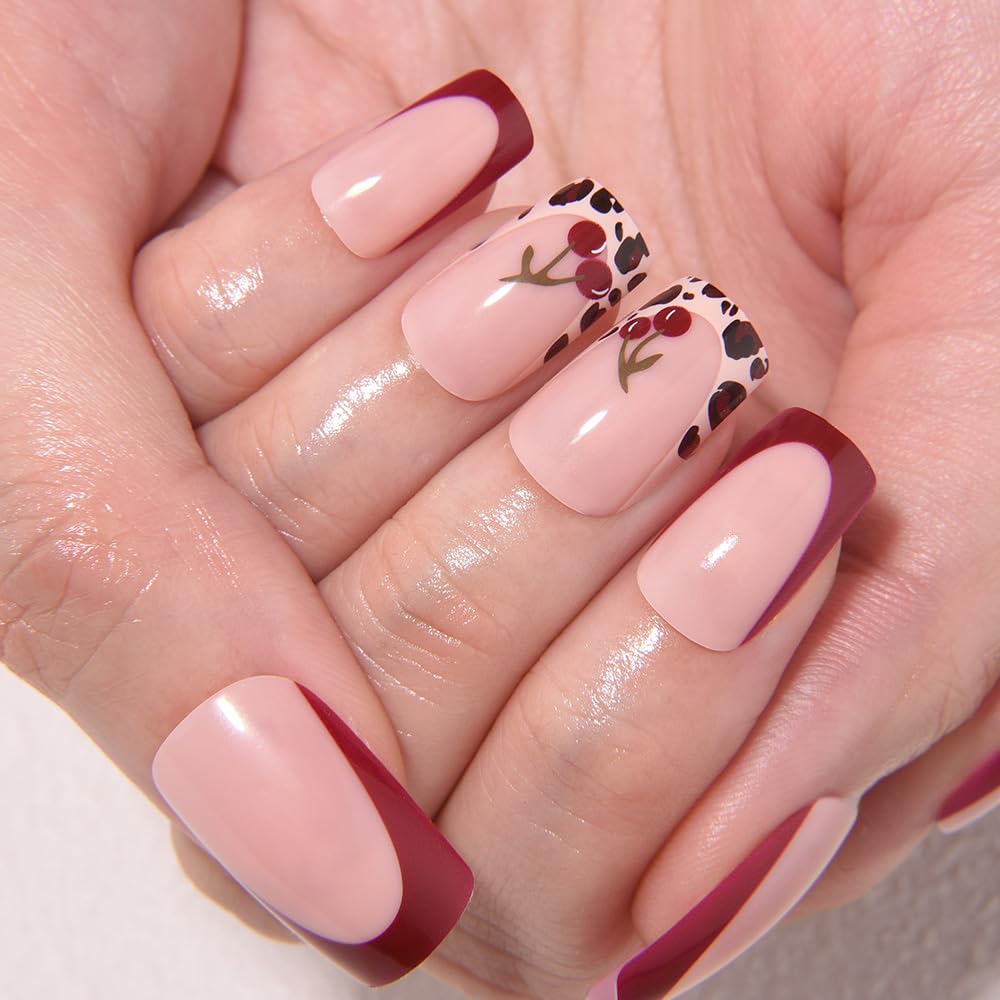 evpct Spring & Summer Press on Nails Medium Square No Glue, Cherry Fake Nails Press ons with 3D Pattern Design, Light Weight Perfectly Fit Fake Nails for Women Gift, Fake Nail Kit with Kits, 24Pcs