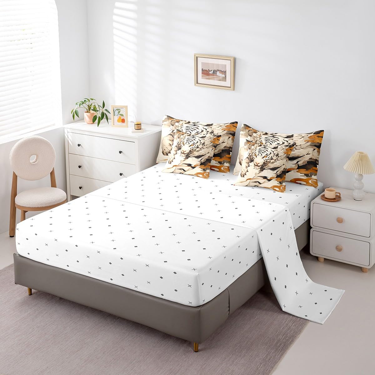 Erosebridal Tiger Full Comforter Set 7-Piece Woodland Wild Animal Bedding Sets Oriental Japanese Style Bed in A Bag 3D Cartoon Bed Sheets Set Youth Teenage Beige Room Decor,Soft for All Season