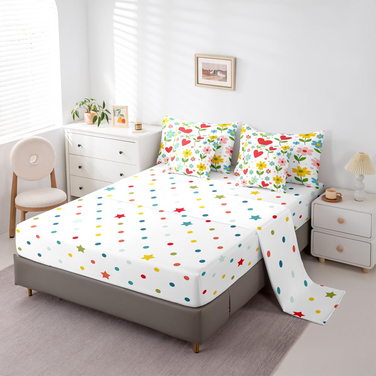 Feelyou Floral Queen Comforter Set with Sheets for Kids Boys Girls Cute 7 Pieces Bedding Set Farmhouse Garden Bed in a Bag Plant Room Decor Red Orange Soft Lightweight Microfiber