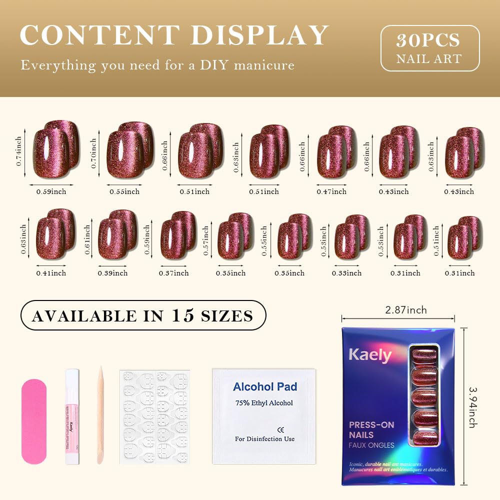 evpct Dark Pink Cat Press on Nails Eye Short Square, Petite Short Square Stick on Nails for Women Gift, Dark Pink Glossy Holographic Fake Nails Reusable Gel Press on Acrylic Fake Nail with Design