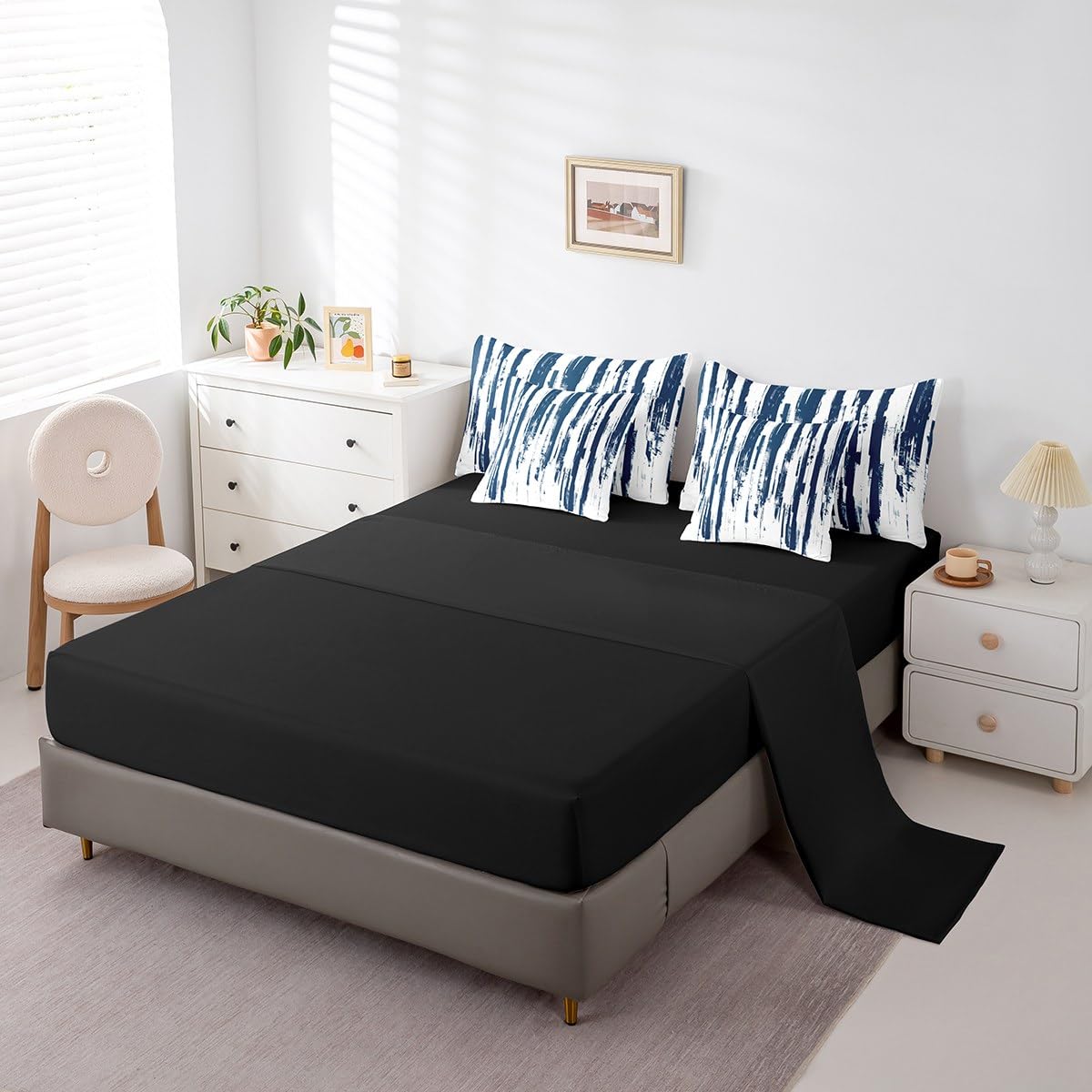 Erosebridal 7Pcs Navy Blue King Comforter Set,Geometric Stripes Striped Abstract Bed in A Bag for Women Men Adults Teens,Modern Art Aesthetic Watercolor Graffiti Ink Painting Bedding with Bed Sheets