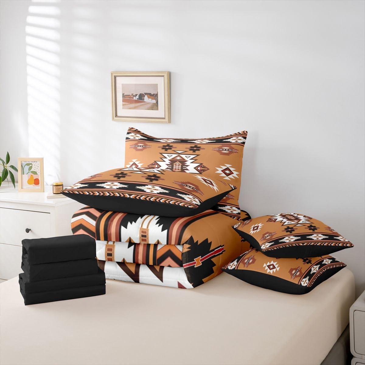 Erosebridal Western Twin Comforter Set with Sheets | Boho Decor Geometric 7 Piece Bedding Set Bohemian Aztec Bed in a Bag, Ethnic Tribal Arrow Room Decor,Brown