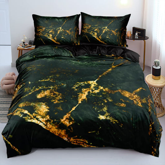 Holiyjog Emerald Green Marble Duvet Cover Set King/Cal King Size Dark Olive Gold Bedding Comforter Covers with 2 Pillow Shams Breathable Durable Soft Comfy