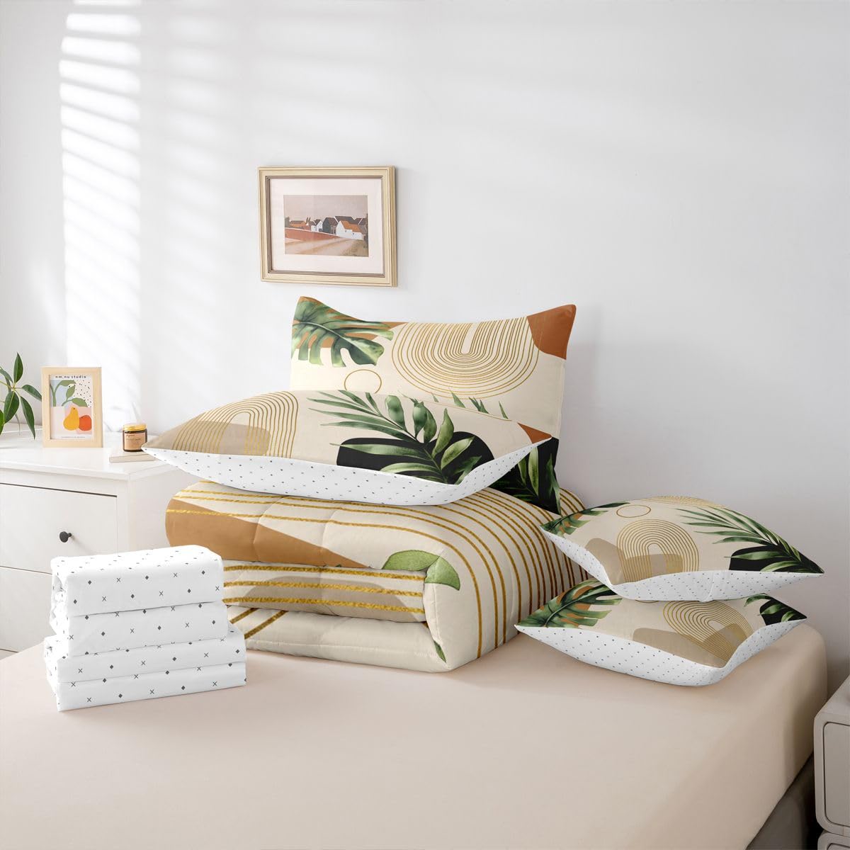 Erosebridal Boho Sage Green Full 7 Pcs Bedding Set, Abstract Bohemian Mid Century Comforter Set with Sheets, Modern Golden Geometric Minimalist Bed in A Bag, Plant Botanical Palm Leaf Bed Sets