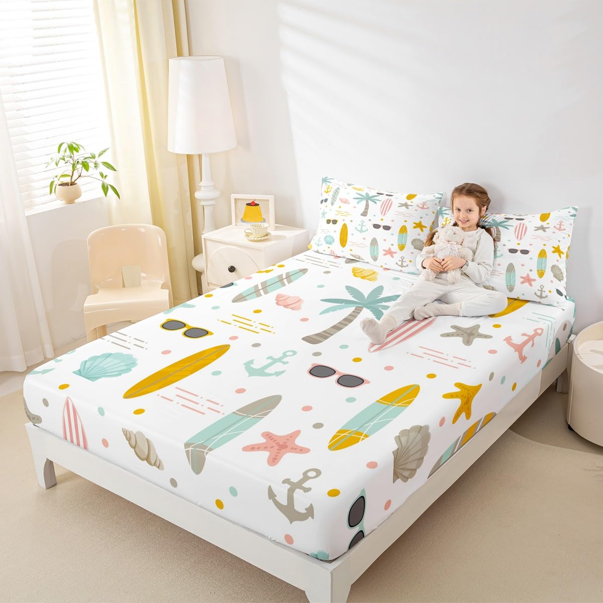 Nautical Anchor Bed Sheet Set for Kids Boys Girls Teens,Hawaii Palm Tree Sheet Set King Size,Surfboard Ocean Beach Bedding Set,Starfish Coastal Sea Animal Fitted Sheet + Flat Sheet + 2 Pillow Cases