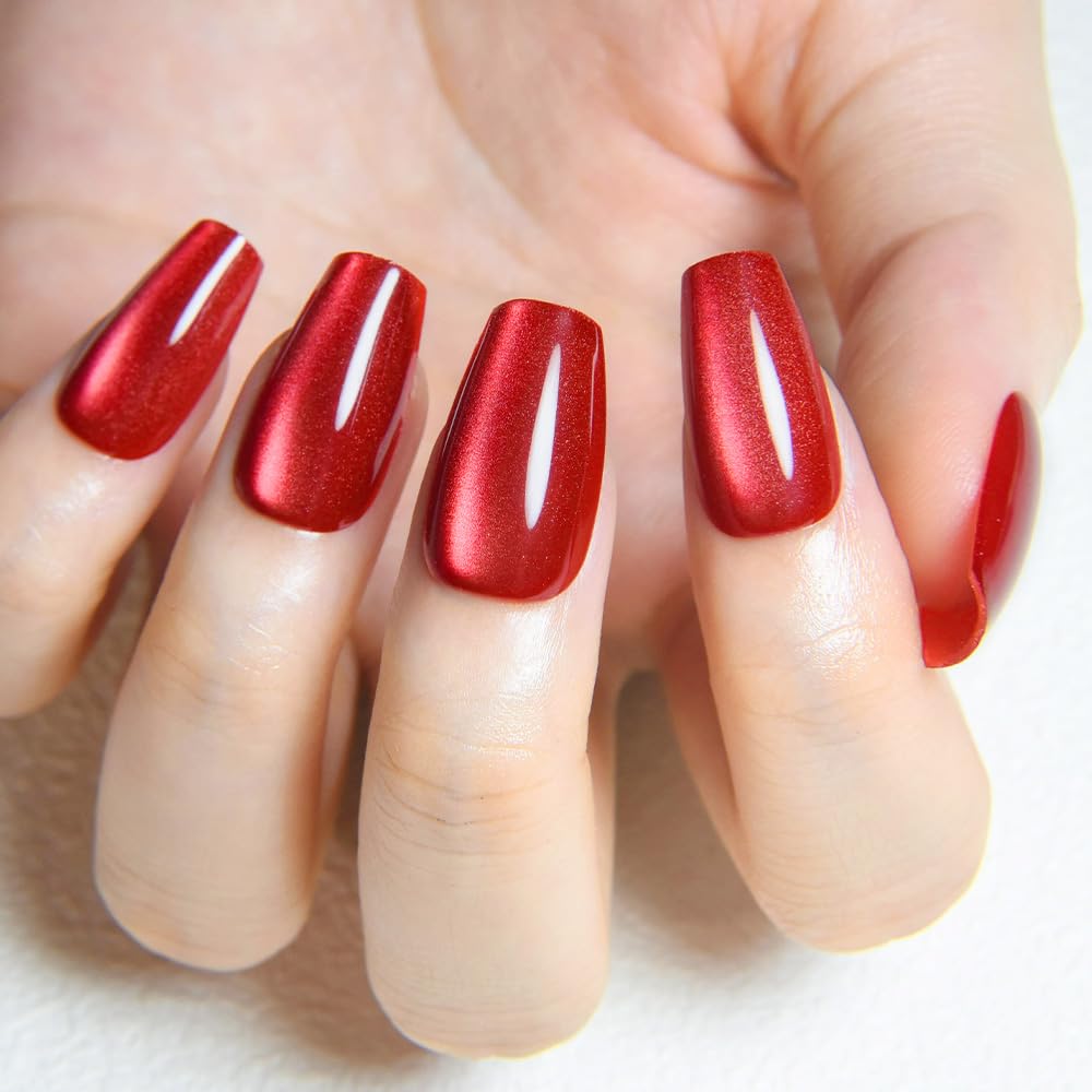 evpct Red Cat Eye Press on Nails Square Medium Coffin No Glue, Medium Square Stick on Nails for Women, Red Metallic Glitter Glossy Reusable Spring Summer Soft Press on Acrylic Fake Nail with Designs