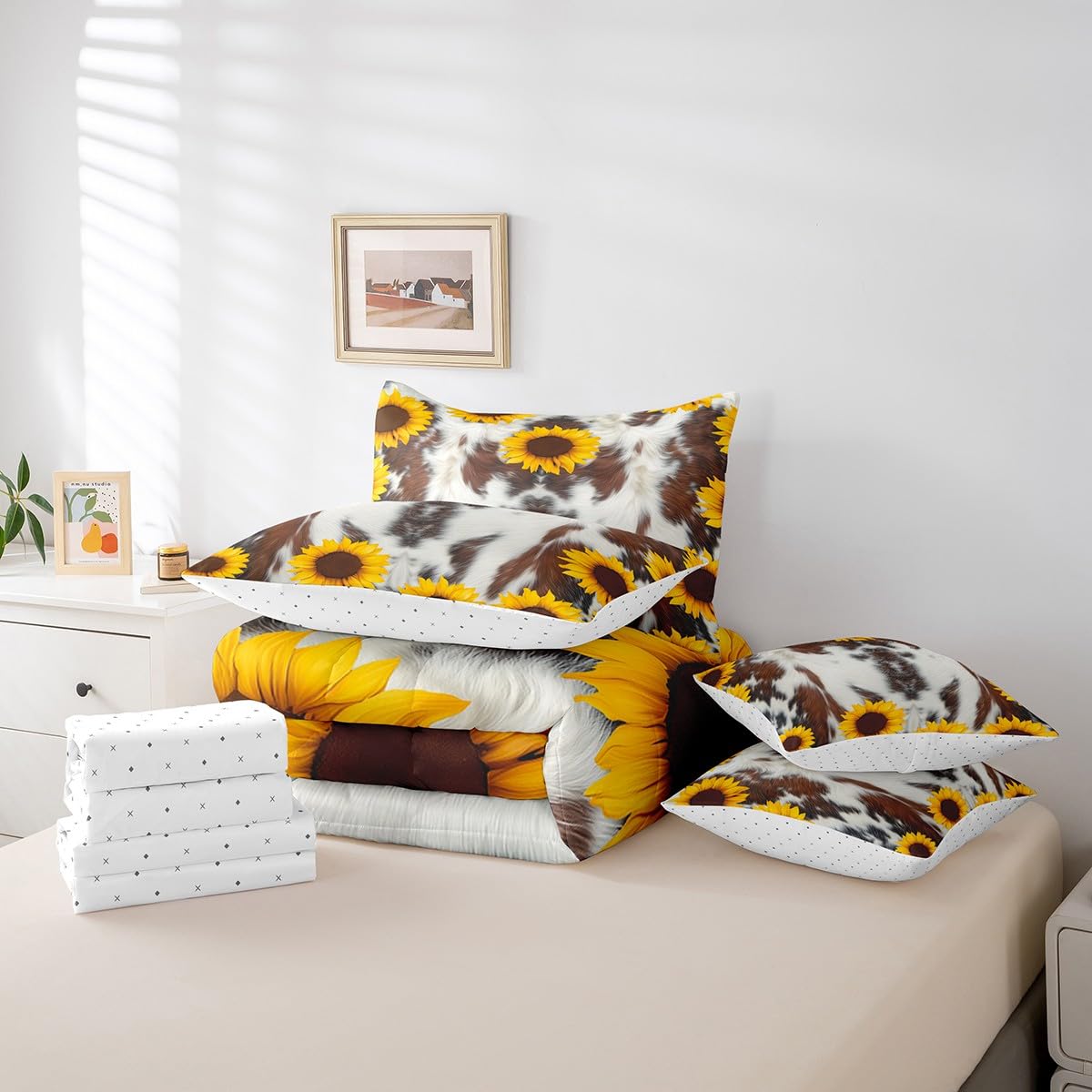 Erosebridal 7 Pcs Cow Print Comforter Set Twin Size,Sunflower Cow Bed in a Bag with Flat Sheet and Fitted Sheet for Kids and Adults,Farm Cowhide Flower Bedding Set with Pillowcases and Cushion Cases
