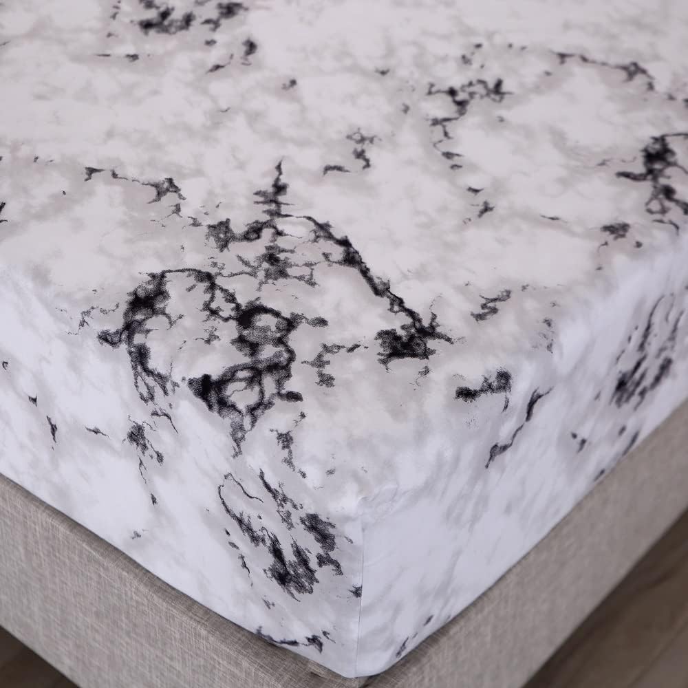 MAG Marble Bed Sheet, 4PC Black White and Gray, Full Size Modern Pattern Printed Bedding Sheet Set with 1 Top Flat & 1 Fitted Sheet with 2 Pillowcases, 14” Deep
