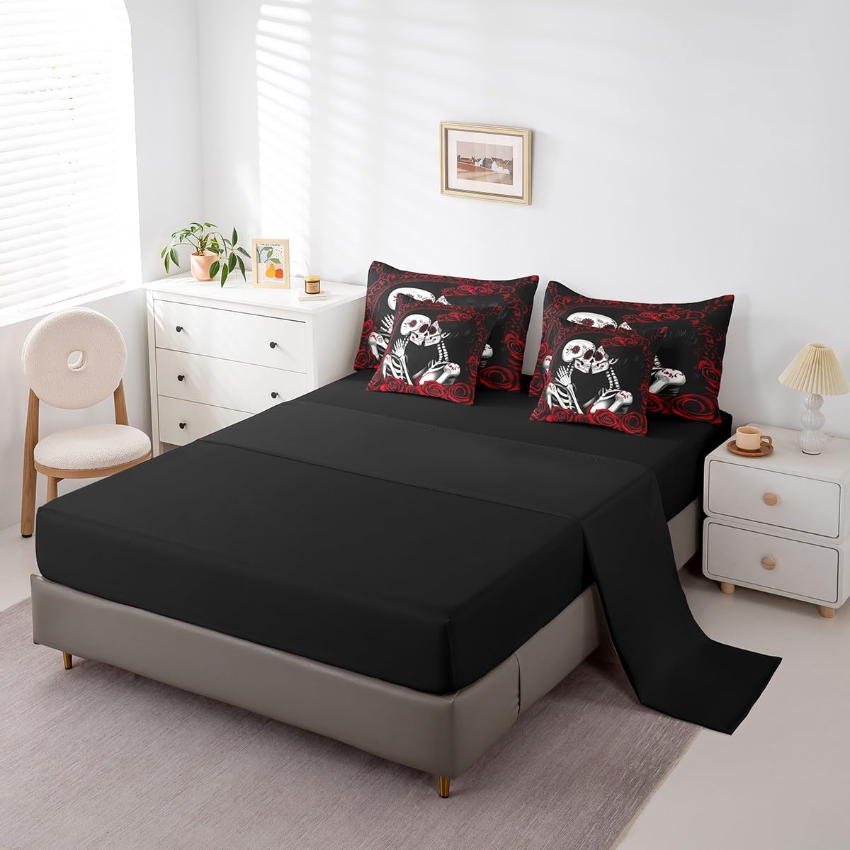 Erosebridal Sugar Skull Bed in A Bag Romantic Roses Bedding Set Valentine's Day Queen Comforter Set 7 Piece for Adults Men Women,Skeleton Lovers Red Black Bed Set Room Decor