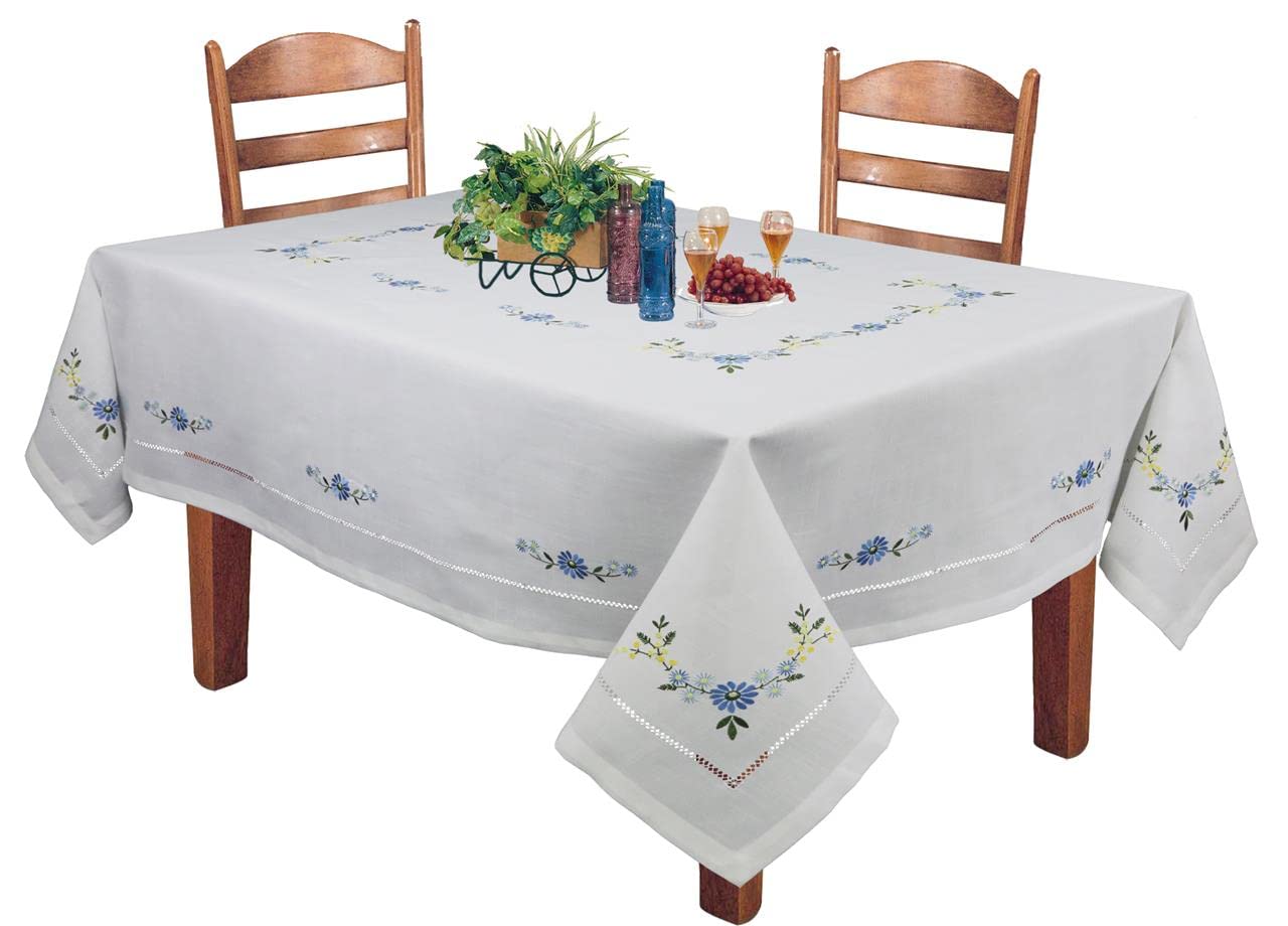 Creative Linens Hemstitched Embroidered Daisy Flower Tablecloth 70x104 Rectangular Table Cover White Blue
