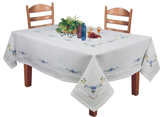 Creative Linens Hemstitched Embroidered Daisy Flower Tablecloth 70x104 Rectangular Table Cover White Blue