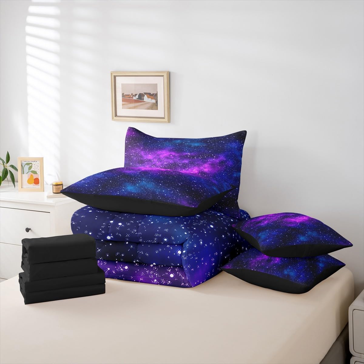 Erosebridal Purple Galaxy King Comforter Set Starry Sky 7 Pieces Bedding Mysterious Outer Space Universe Bed Set Women Men Bed in A Bag