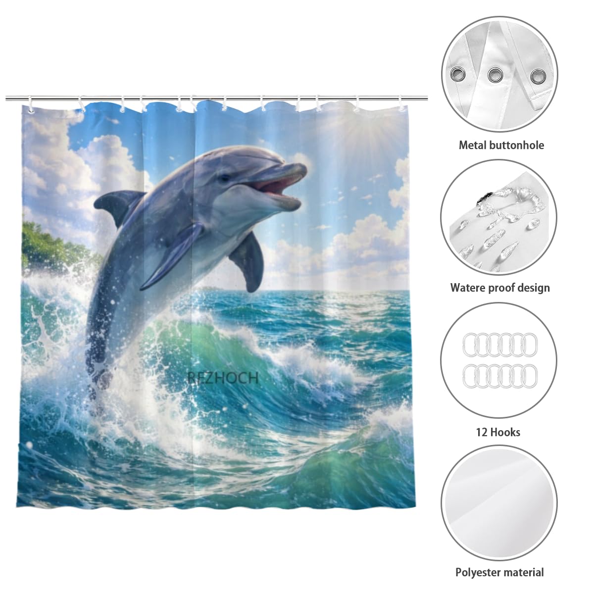 REZHOCH Funny Dolphin Shower Curtain 72x72 Inch,Cute Animal Flowers Lovely Spring Garden Home Farmhouse Bathroom Decor,Forest Floral Fabric Waterproof Bath Set with 12 Hooks