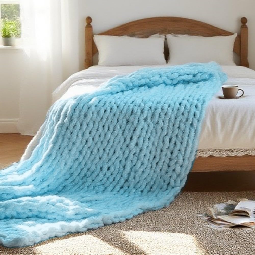 QIFONIX Handmade Chunky Knit Blanket, Cosy Chenille Throw (Blue, Throw (50" x 60"))