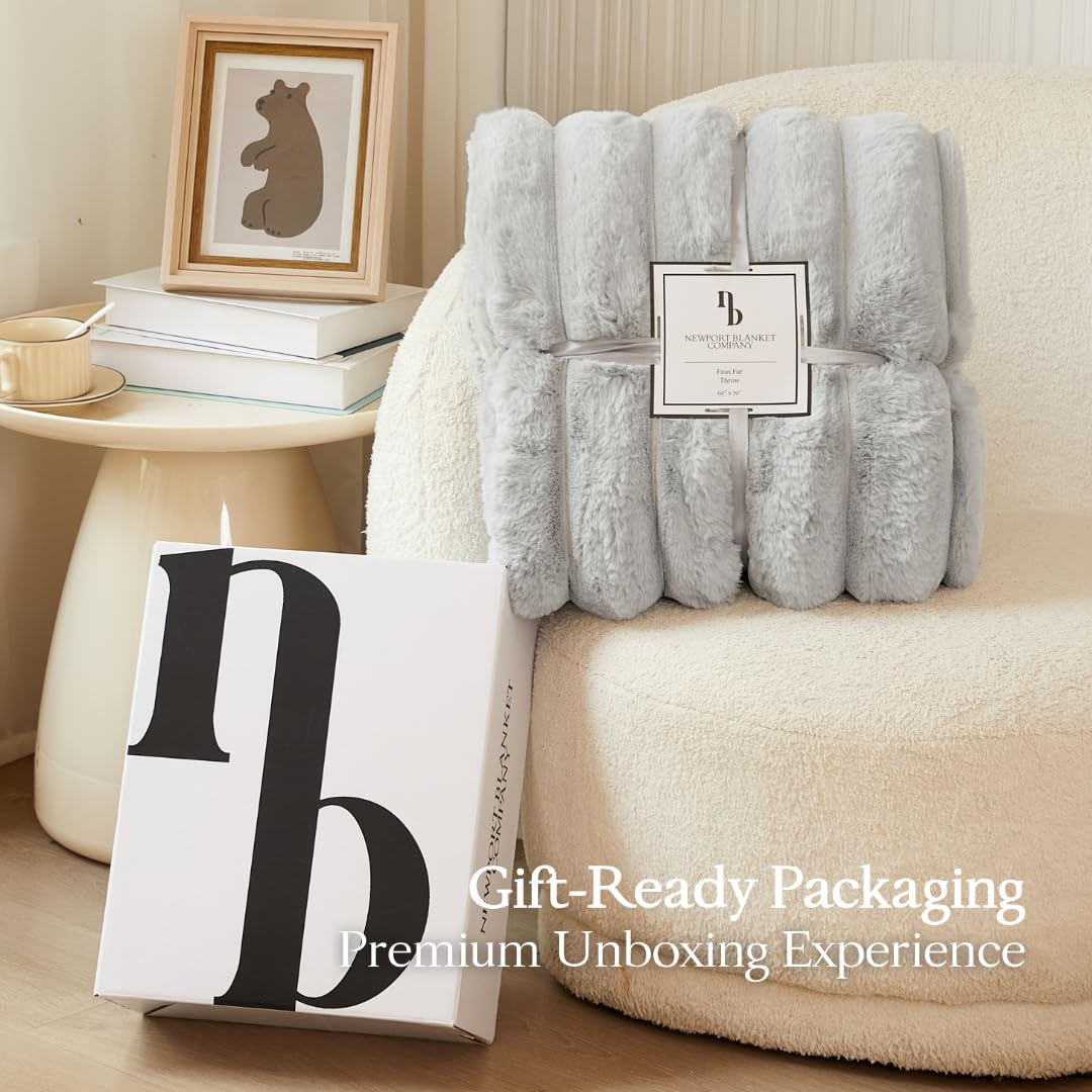 The Nantucket Blanket - LuxeComfort Faux Fur Striped Blanket 60"x70" Pebble Grey - Luxuriously Soft Cozy Warm Gift for Women, Plush Silky Fuzzy Heavyweight Reversible Design Home Decor