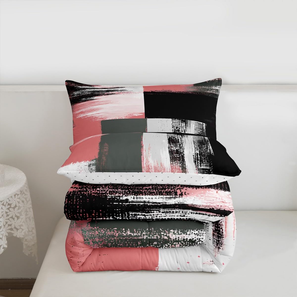 Feelyou Buffalo Check Comforter Set Geometric Comforter for Kids Boys Girls Teens Geometric Pink Grey Black White Bedding Set Breathable Modern Art Duvet Set Room Decor Quilt Set Queen Size